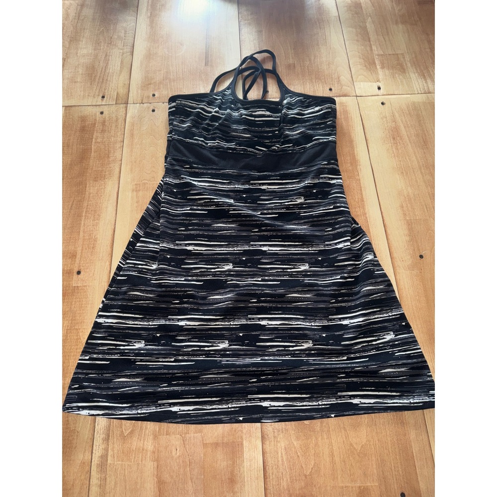 SOYBU Activewear Dress Black White Striped Built in Bra Halter Athletic Womens M